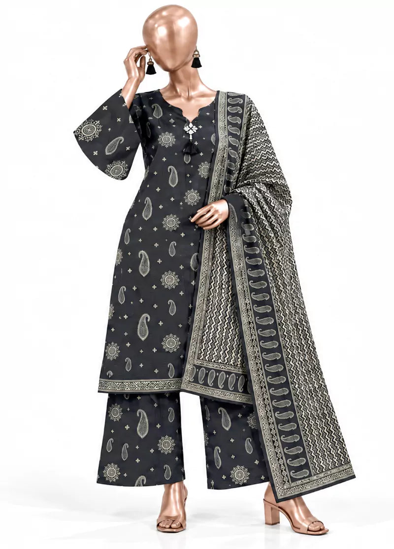 3 Piece Printed Stitched Black Color Khaddar Shirt with Trouser & Dupatta