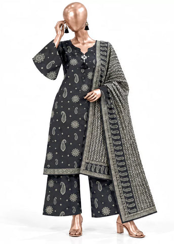 3 Piece Printed Stitched Black Color Khaddar Shirt with Trouser & Dupatta