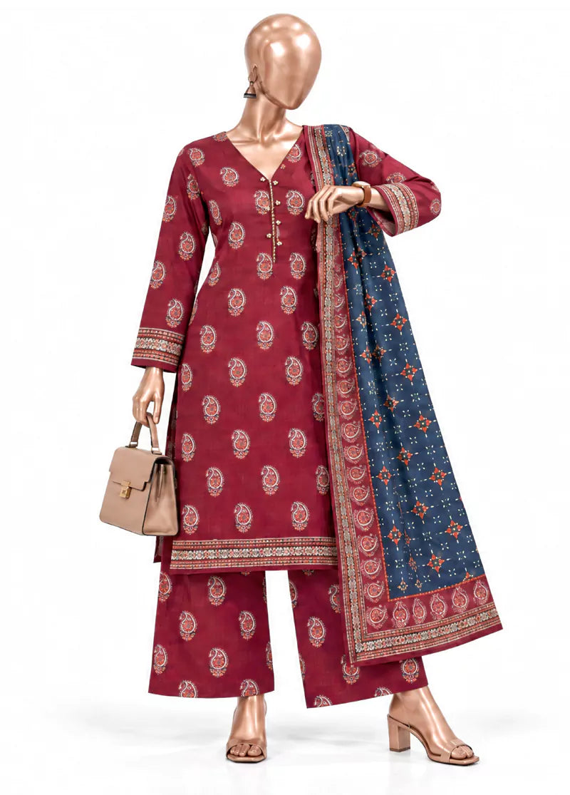 3 Piece Printed Stitched Red Color Khaddar Shirt with Trouser & Dupatta