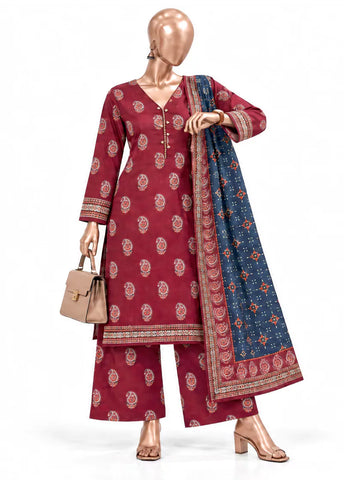 3 Piece Printed Stitched Red Color Khaddar Shirt with Trouser & Dupatta