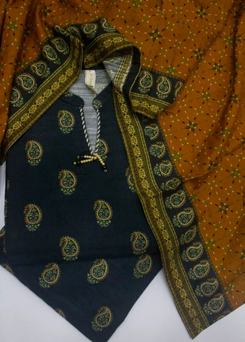 3 Piece Printed Stitched Black Color Khaddar Shirt with Trouser & Dupatta