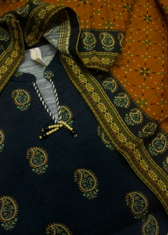 3 Piece Printed Stitched Black Color Khaddar Shirt with Trouser & Dupatta