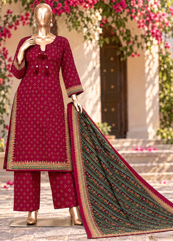 3 Piece Printed Stitched Red Color Khaddar Shirt with Trouser & Dupatta
