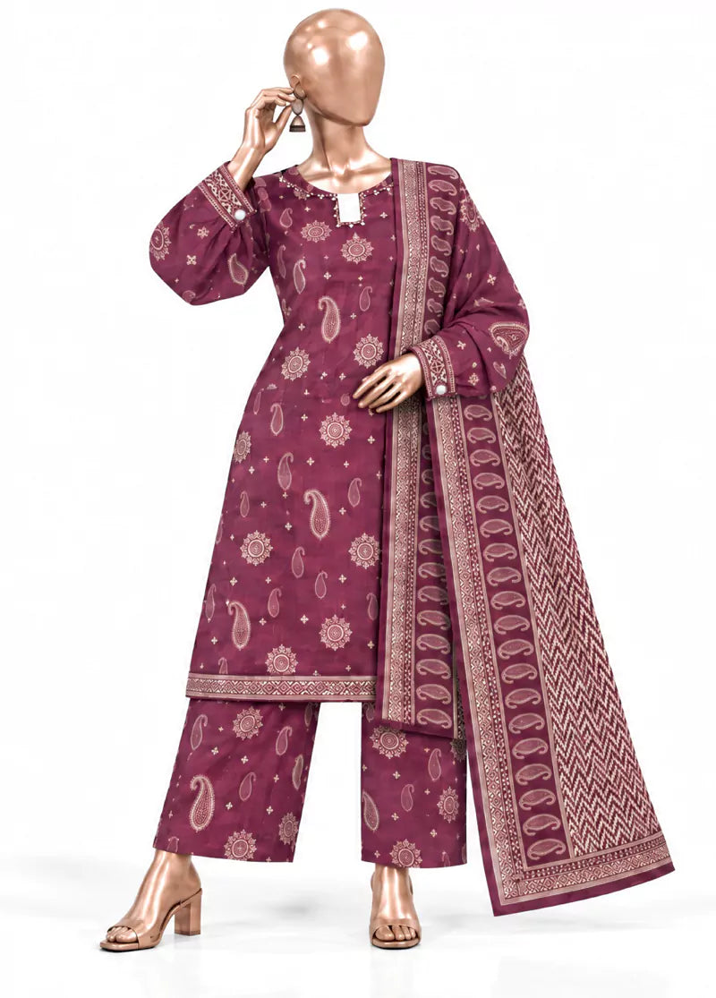 3 Piece Printed Stitched Maroon Color Khaddar Shirt with Trouser & Dupatta