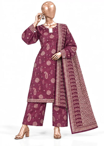 3 Piece Printed Stitched Maroon Color Khaddar Shirt with Trouser & Dupatta