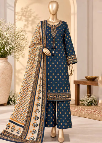 3 Piece Embroidered Stitched Navy Blue Color Khaddar Shirt with Trouser & Dupatta