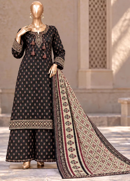 3 Piece Embroidered Stitched Black Color Khaddar Shirt with Trouser & Dupatta