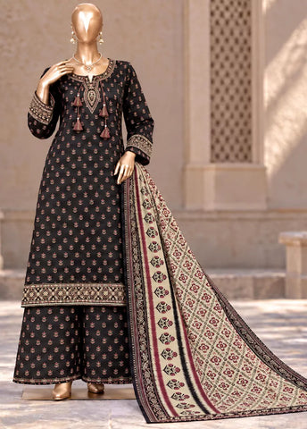 3 Piece Embroidered Stitched Black Color Khaddar Shirt with Trouser & Dupatta