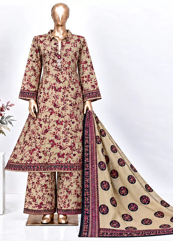 3 Piece Printed Stitched Beige Color Khaddar Frock with Trouser & Dupatta