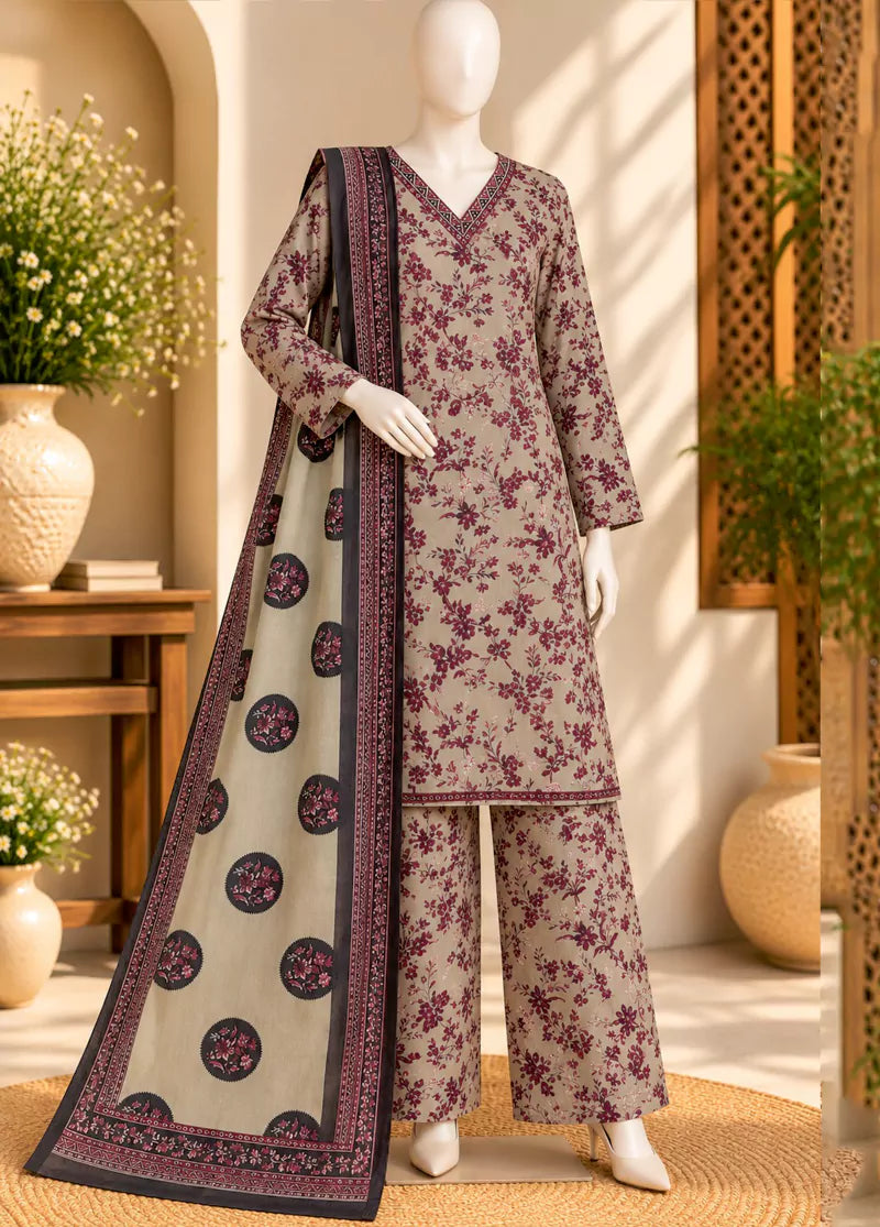 3 Piece Printed Stitched MultiColor Khaddar Shirt with Trouser & Dupatta