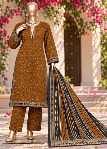 3 Piece Printed Stitched Mustard Color Khaddar Shirt with Trouser & Dupatta
