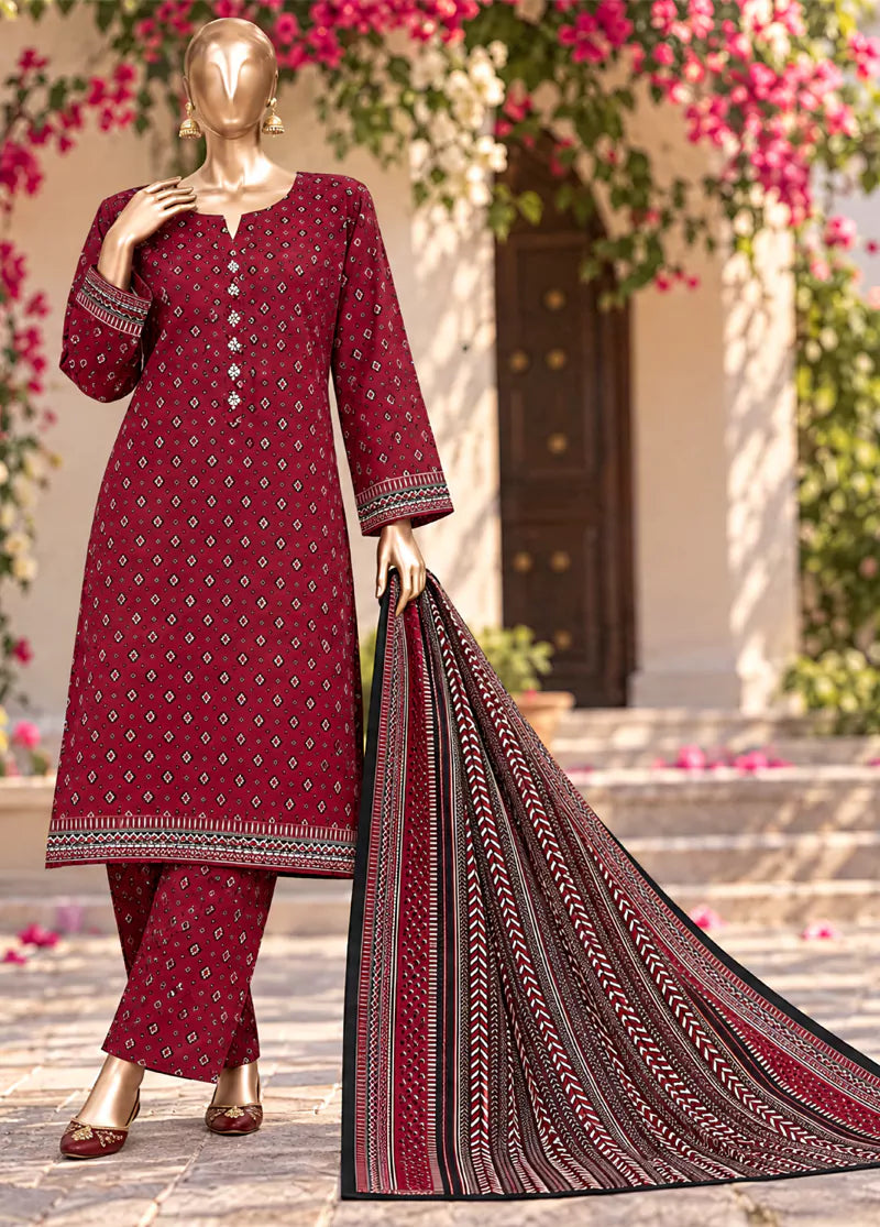3 Piece Printed Stitched Maroon Color Khaddar Shirt with Trouser & Dupatta