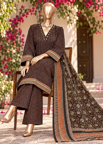 3 Piece Printed Stitched Brown Color Khaddar Shirt with Trouser & Dupatta