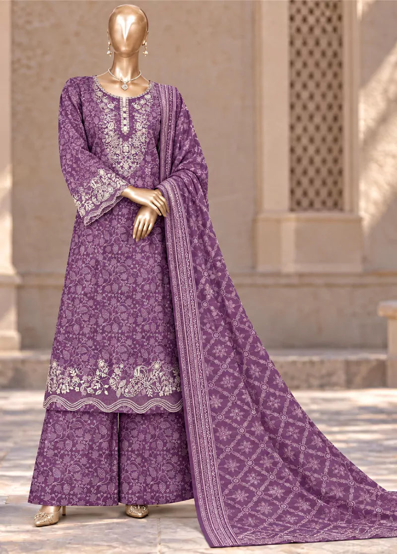 3 Piece Embroidered Stitched Lilac Color Khaddar Shirt with Trouser & Dupatta