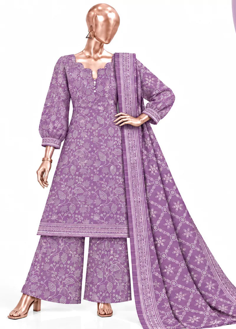 3 Piece Printed Stitched Lilac Color Khaddar Shirt with Trouser & Dupatta