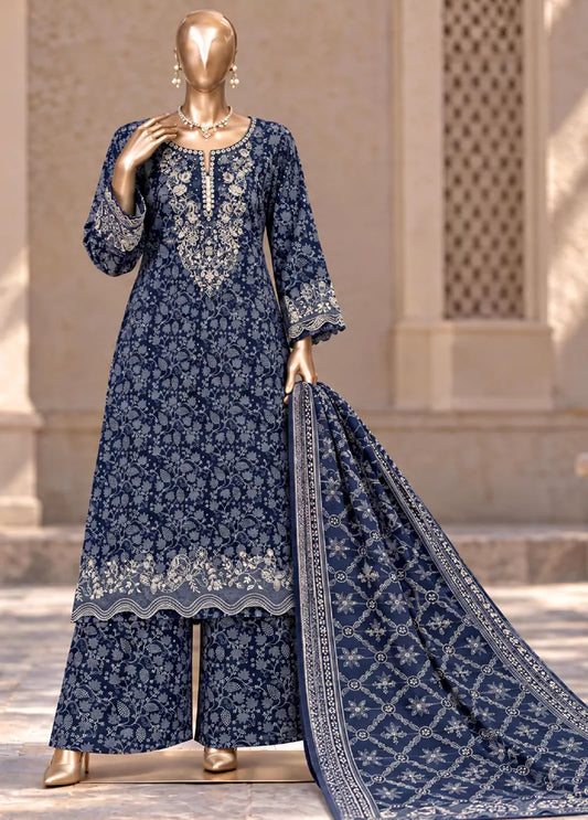3 Piece Embroidered Stitched Navy Blue Color Khaddar Shirt with Trouser & Dupatta