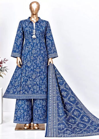 3 Piece Printed Stitched Blue Color Khaddar Frock with Trouser & Dupatta