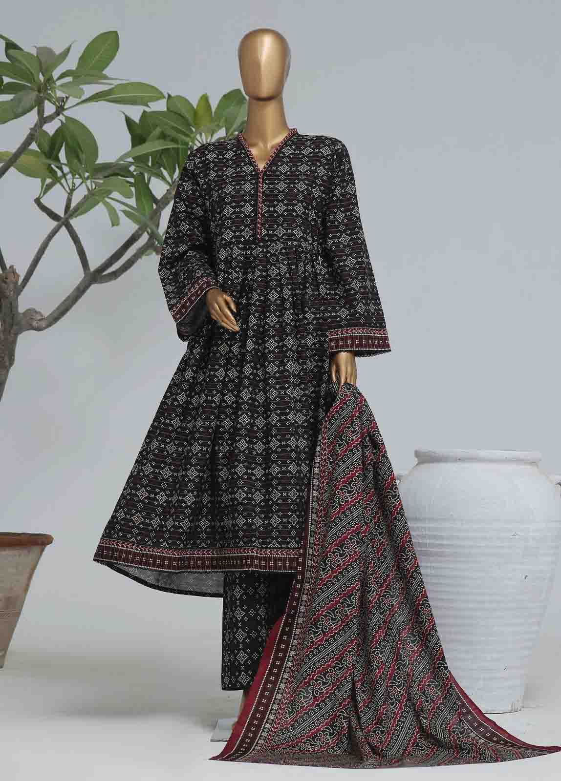 Bin Saeed Fabric - WK-FR-0100 A-3 Piece Khaddar Printed Frock Style Suit