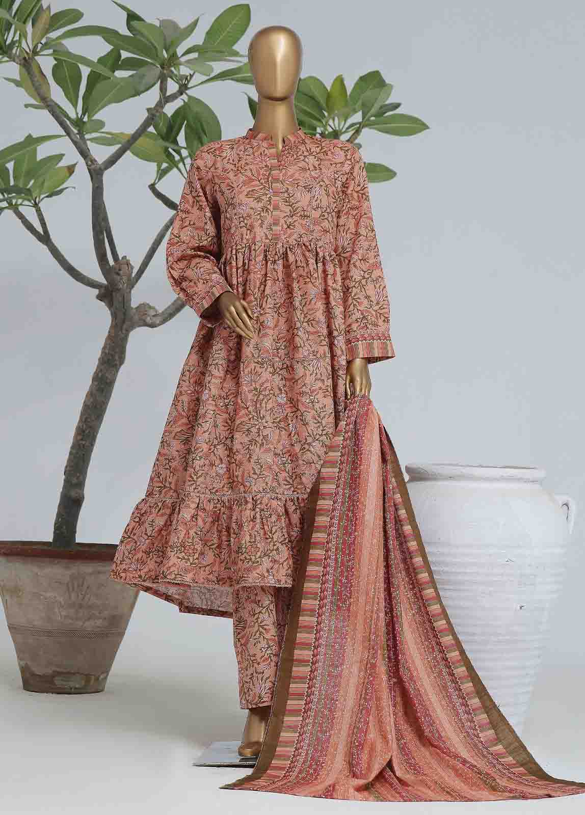 Bin Saeed Fabric - WK-FR-0106 A-3 Piece Khaddar Printed Frock Style Suit