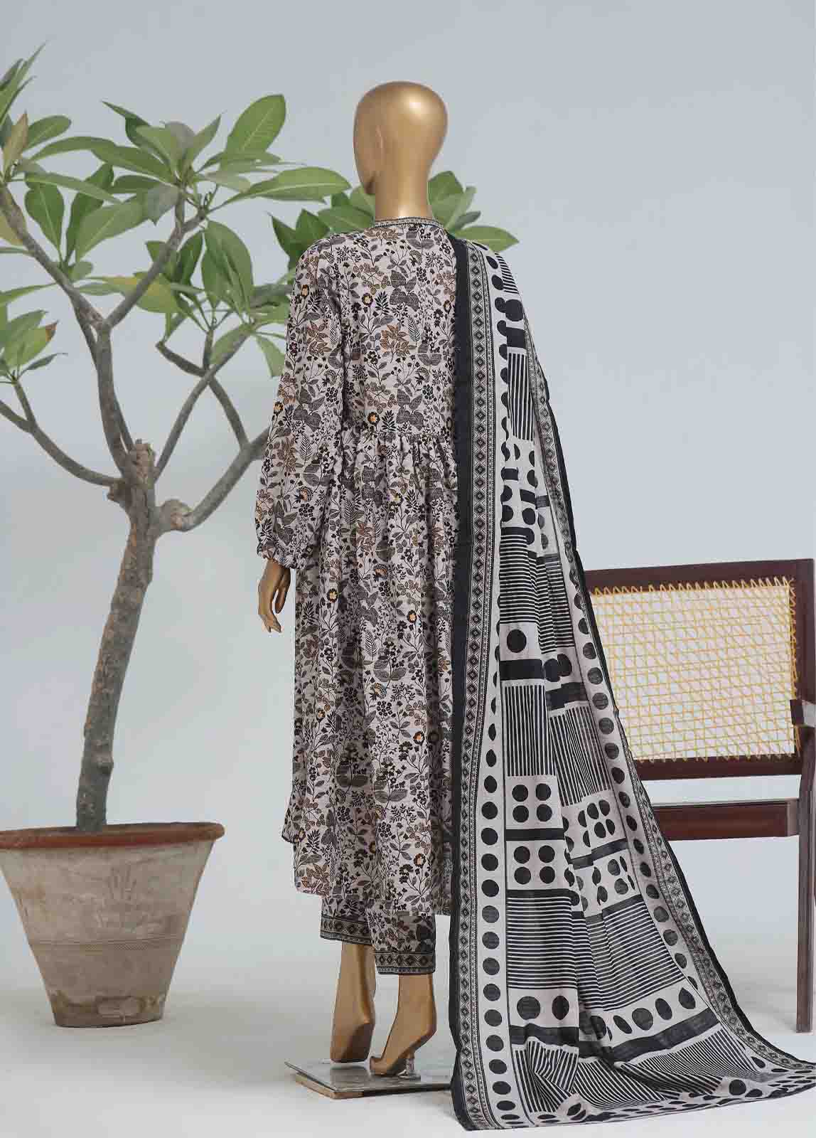 Bin Saeed Fabric - WK-FR-0107 A-3 Piece Khaddar Printed Frock Style Suit
