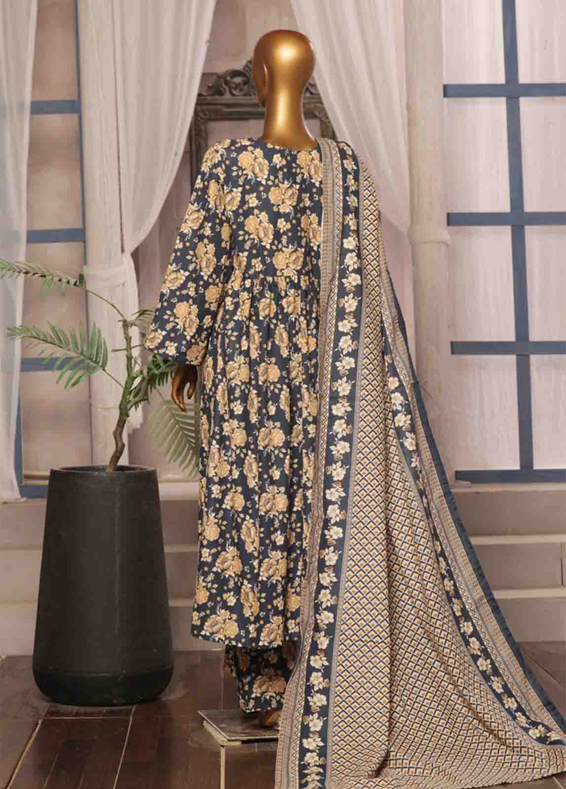 Bin Saeed Fabric - WK-FR-071 A-3 Piece Khaddar Printed Frock Style Suit