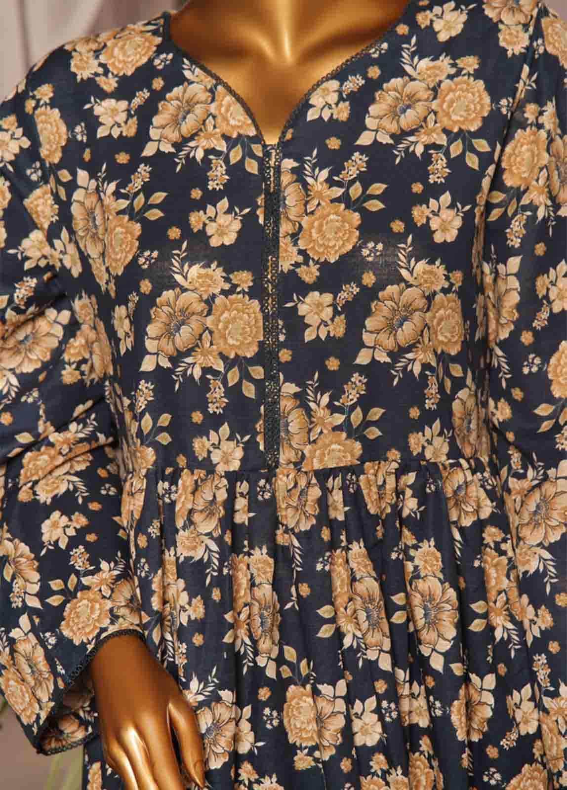 Bin Saeed Fabric - WK-FR-071 A-3 Piece Khaddar Printed Frock Style Suit