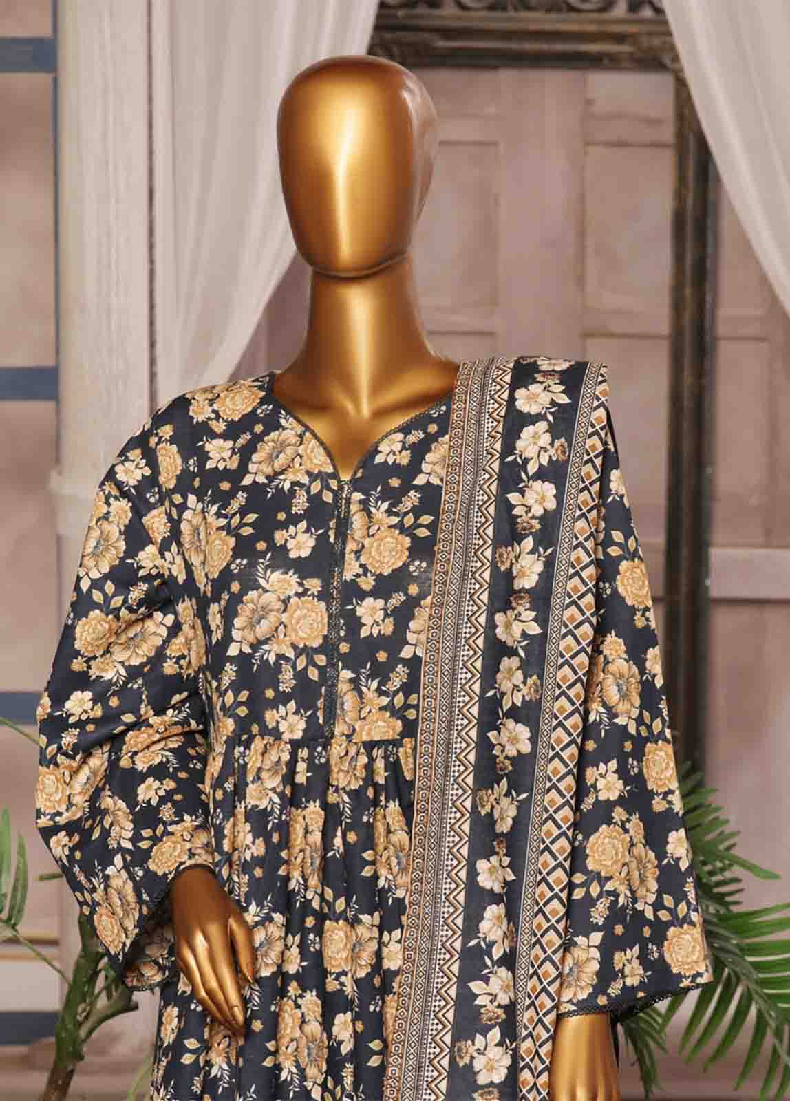 Bin Saeed Fabric - WK-FR-071 A-3 Piece Khaddar Printed Frock Style Suit