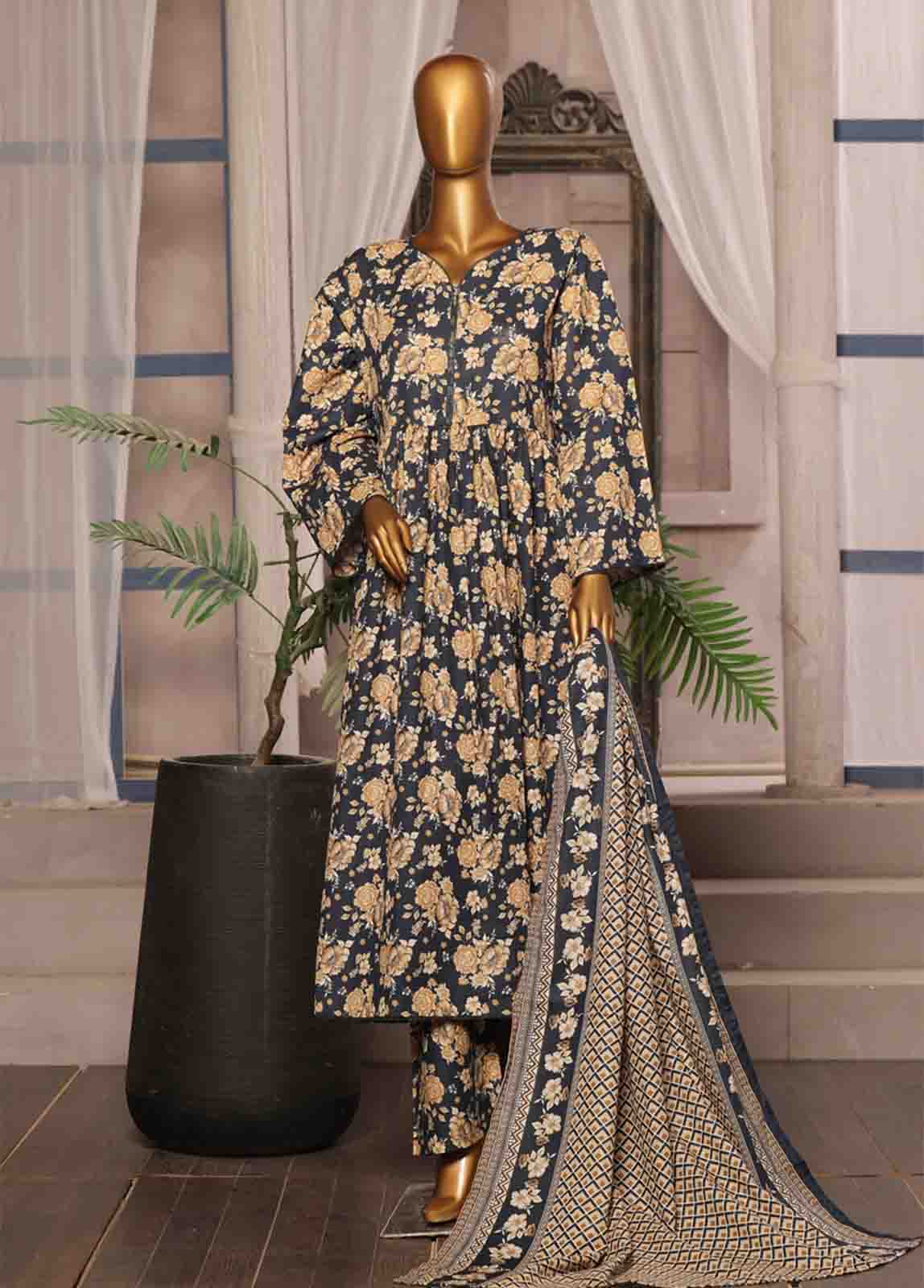 Bin Saeed Fabric - WK-FR-071 A-3 Piece Khaddar Printed Frock Style Suit