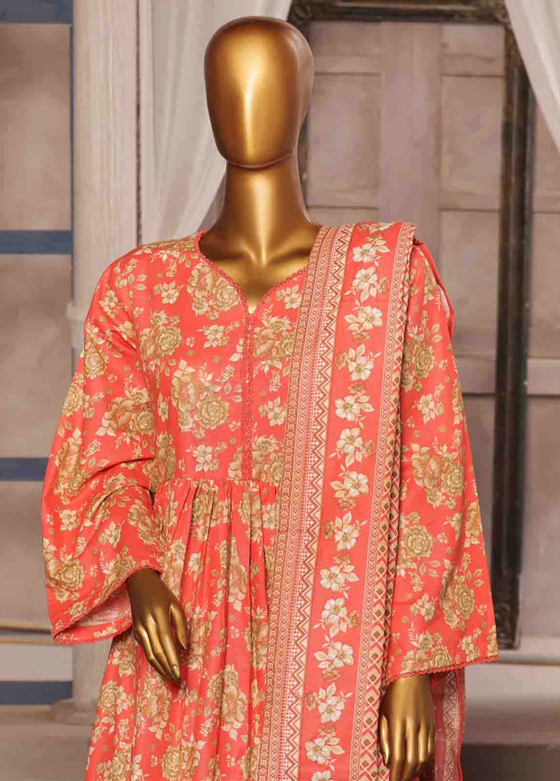 Bin Saeed Fabric - WK-FR-072 A-3 Piece Khaddar Printed Frock Style Suit