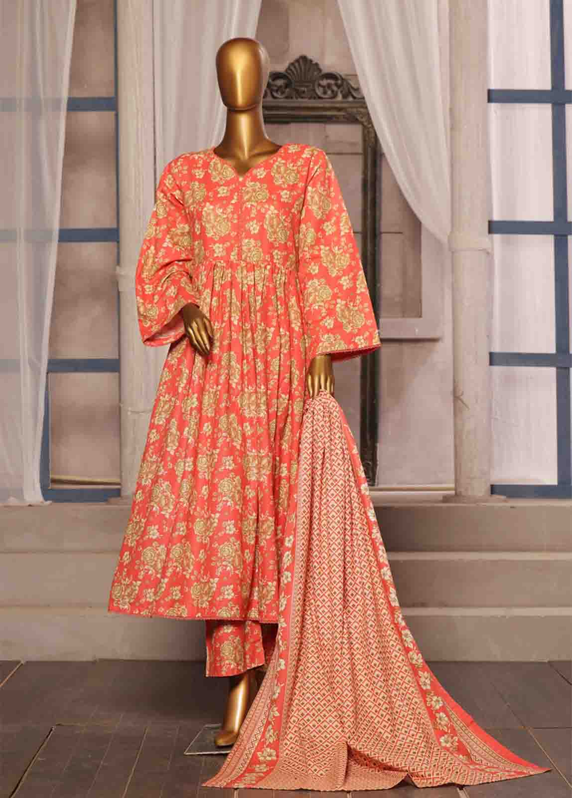 Bin Saeed Fabric - WK-FR-072 A-3 Piece Khaddar Printed Frock Style Suit