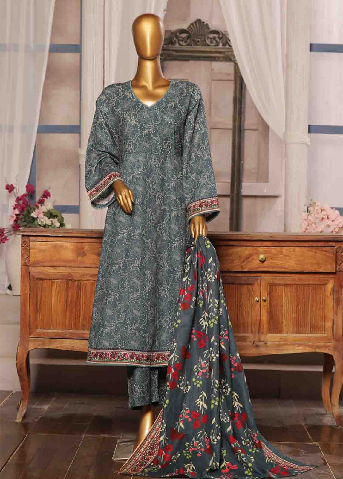 Bin Saeed Fabric - WK-FR-076 A-3 Piece Khaddar Printed Frock Style Suit