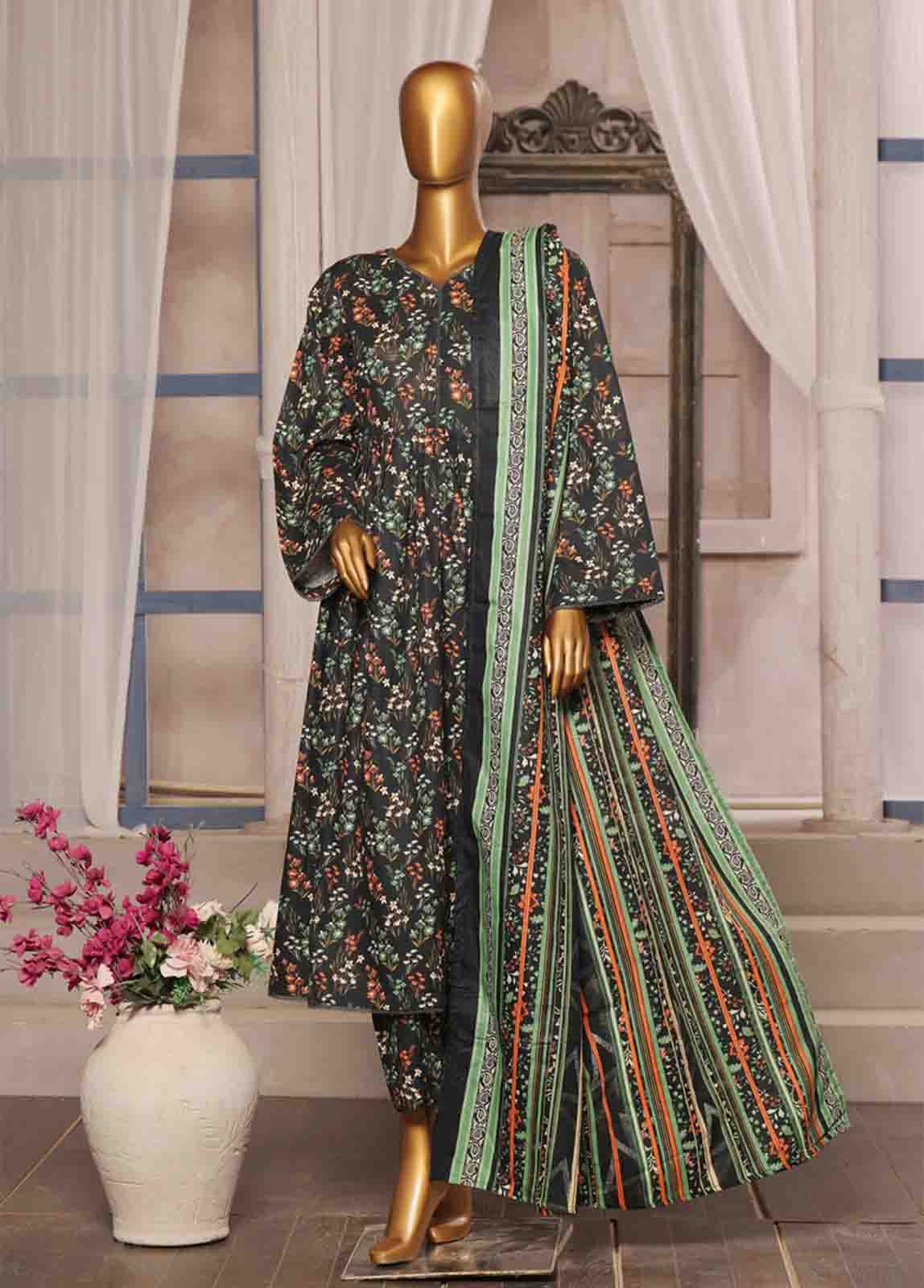 Bin Saeed Fabric - WK-FR-077 A-3 Piece Khaddar Printed Frock Style Suit