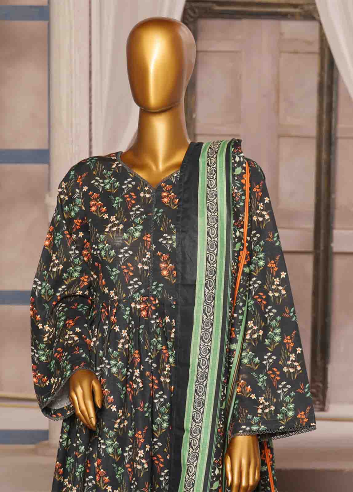 Bin Saeed Fabric - WK-FR-077 A-3 Piece Khaddar Printed Frock Style Suit