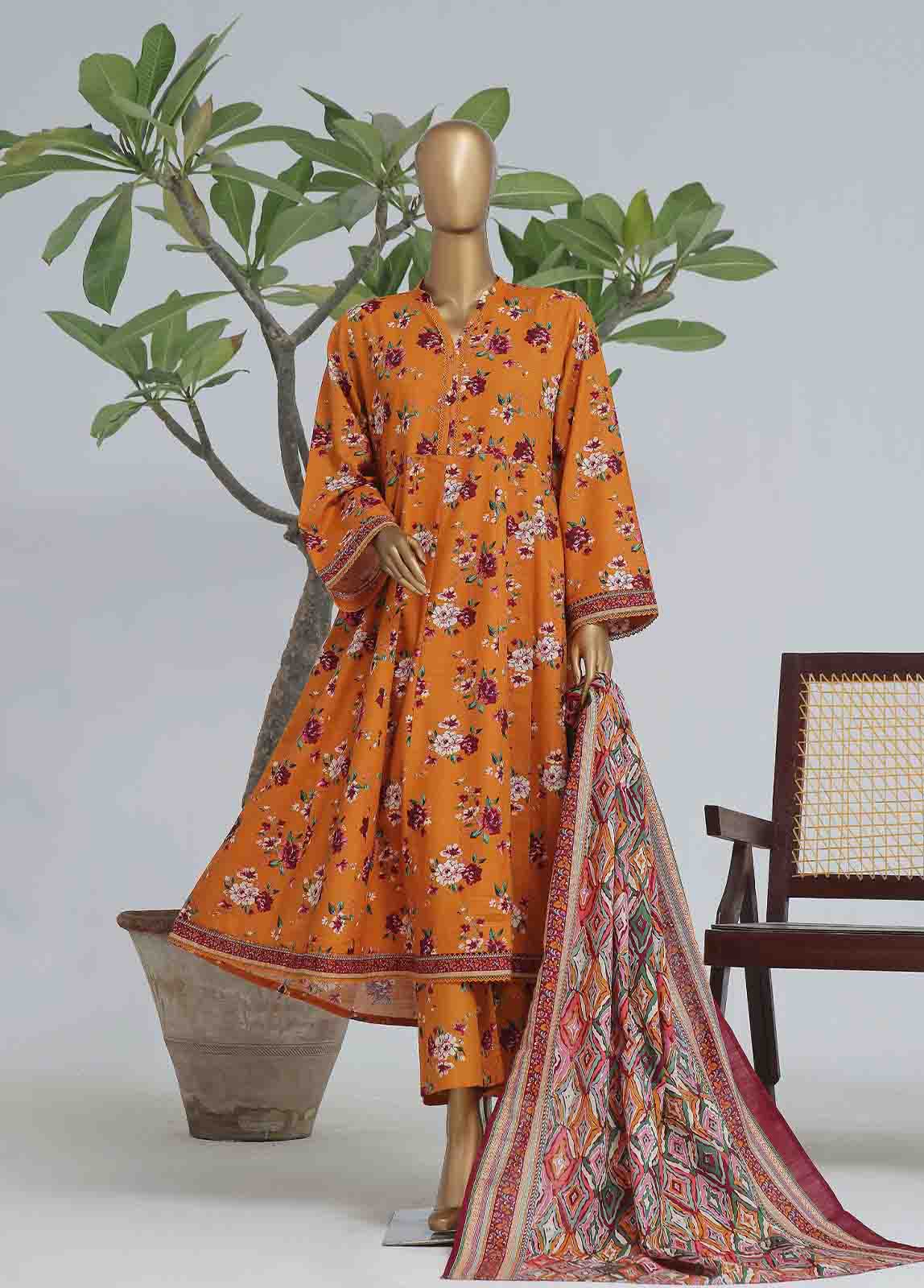 Bin Saeed Fabric - WK-FR-081 A-3 Piece Khaddar Printed Frock Style Suit