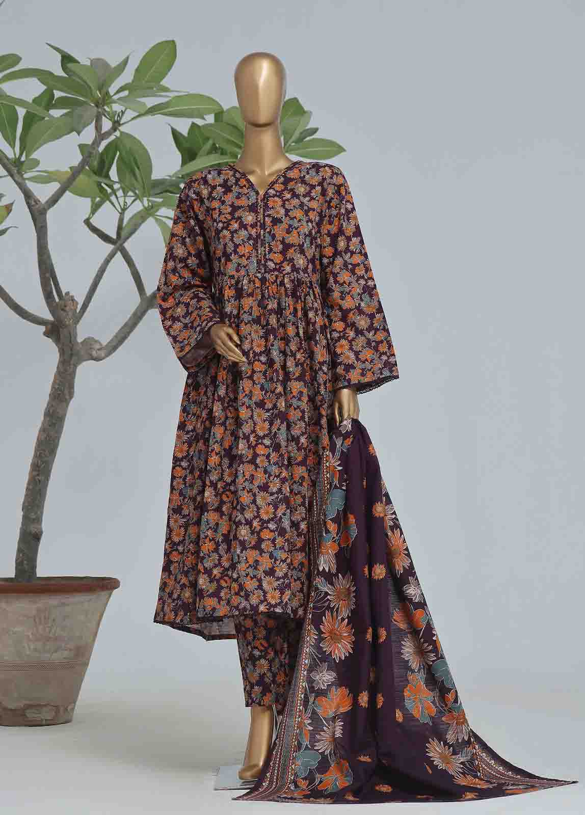 Bin Saeed Fabric - WK-FR-084 A-3 Piece Khaddar Printed Frock Style Suit