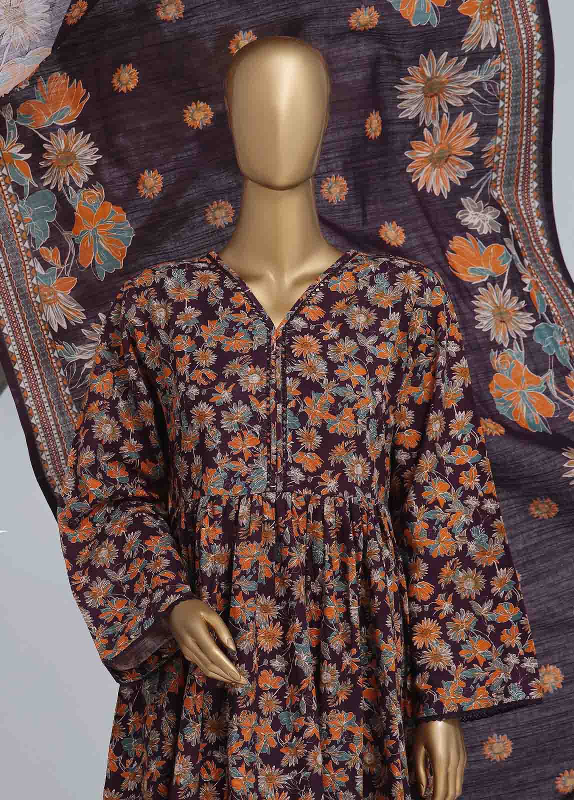 Bin Saeed Fabric - WK-FR-084 A-3 Piece Khaddar Printed Frock Style Suit