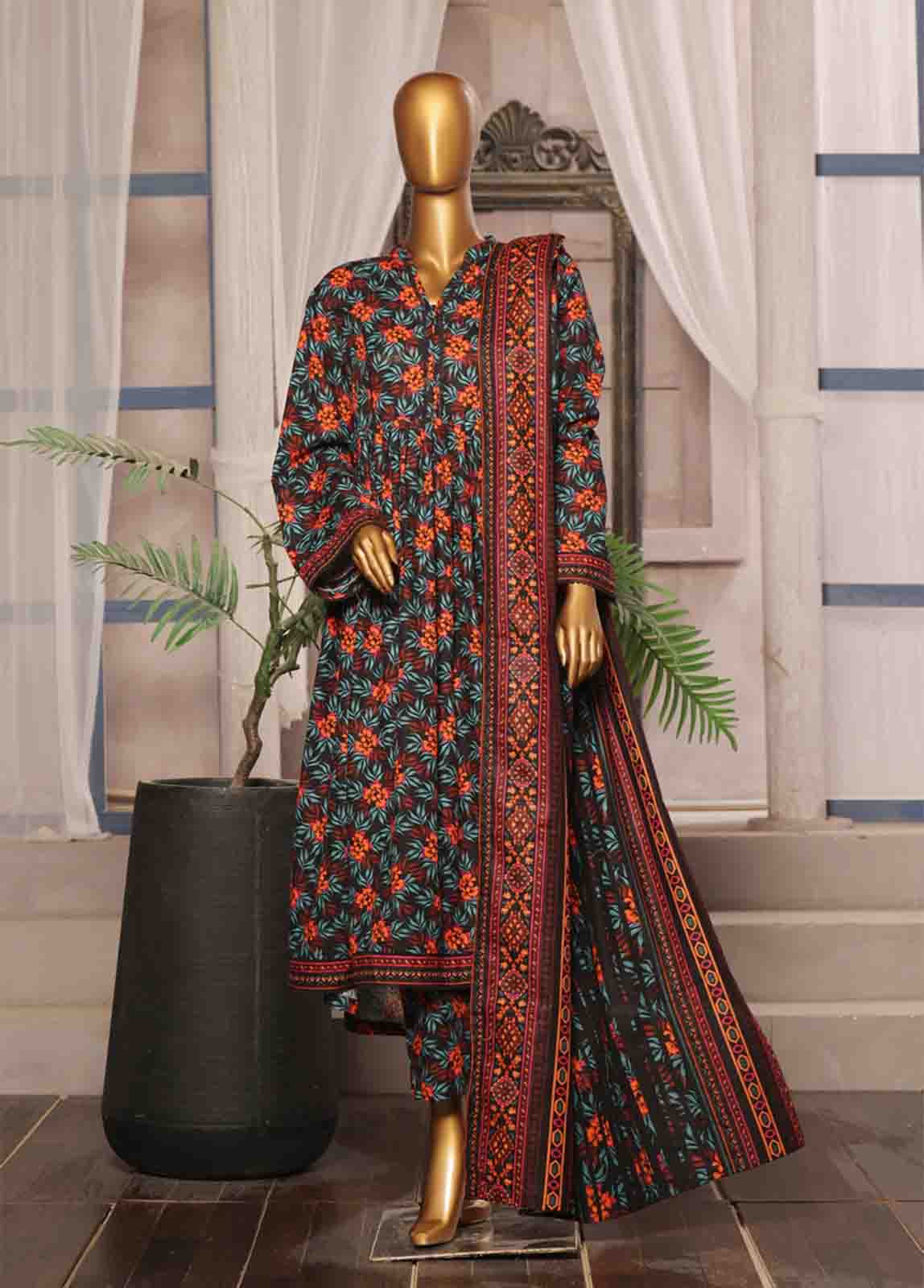 Bin Saeed Fabric - WK-FR-085 A-3 Piece Khaddar Printed Frock Style Suit