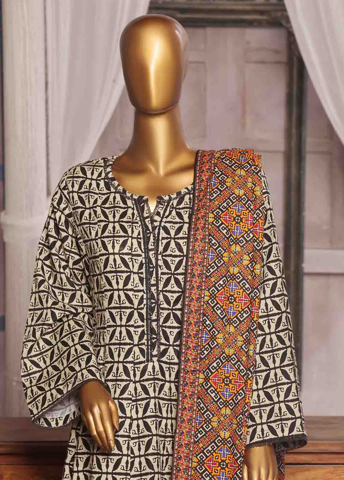 Bin Saeed Fabric - WK-FR-087 A-3 Piece Khaddar Printed Frock Style Suit