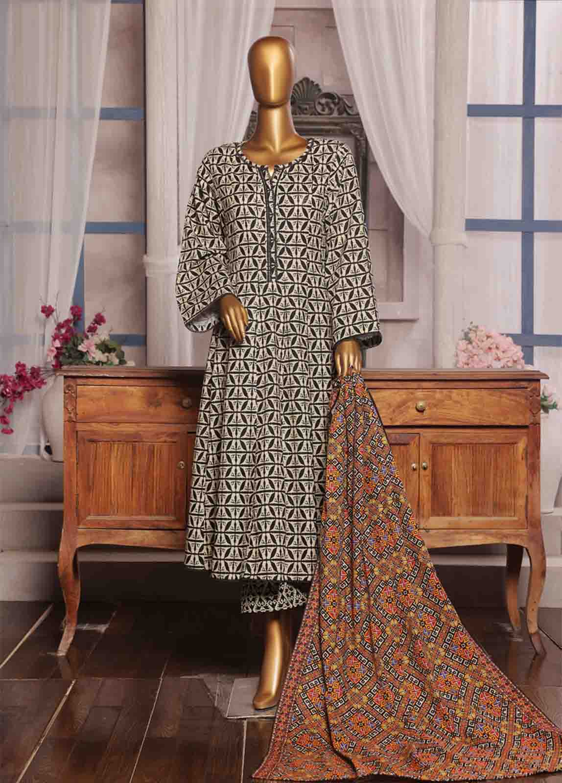 Bin Saeed Fabric - WK-FR-087 A-3 Piece Khaddar Printed Frock Style Suit