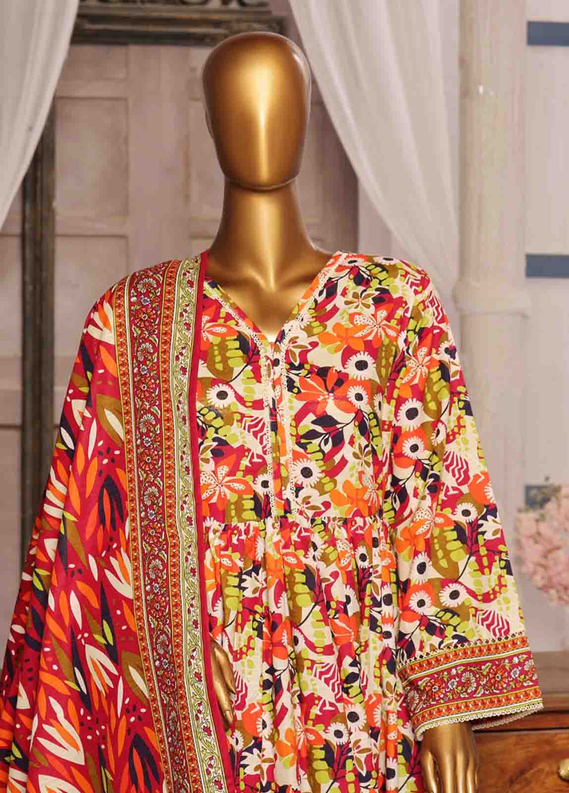 WK-FR-088 A-3 Piece Khaddar Printed Frock Style Suit