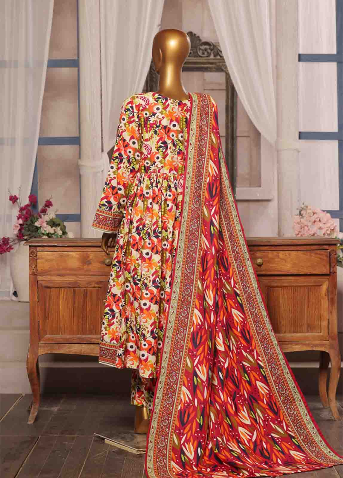 Bin Saeed Fabric - WK-FR-088 A-3 Piece Khaddar Printed Frock Style Suit