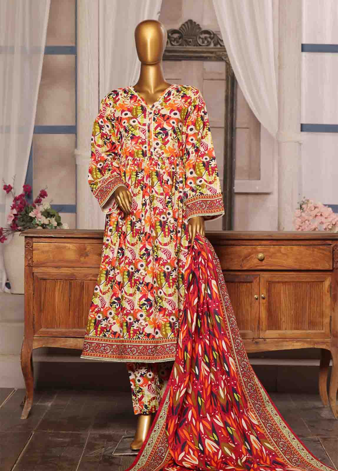 Bin Saeed Fabric - WK-FR-088 A-3 Piece Khaddar Printed Frock Style Suit