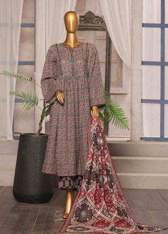 Bin Saeed Fabric - WK-FR-089 A-3 Piece Khaddar Printed Frock Style Suit