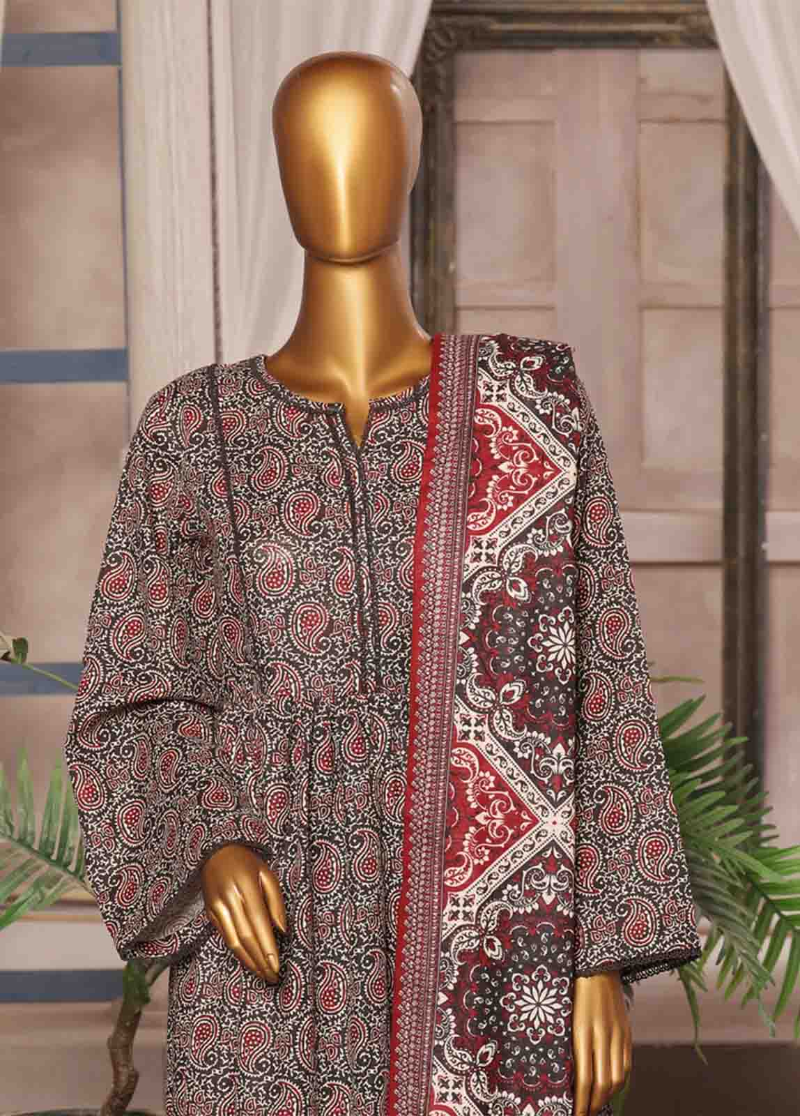 Bin Saeed Fabric - WK-FR-089 A-3 Piece Khaddar Printed Frock Style Suit