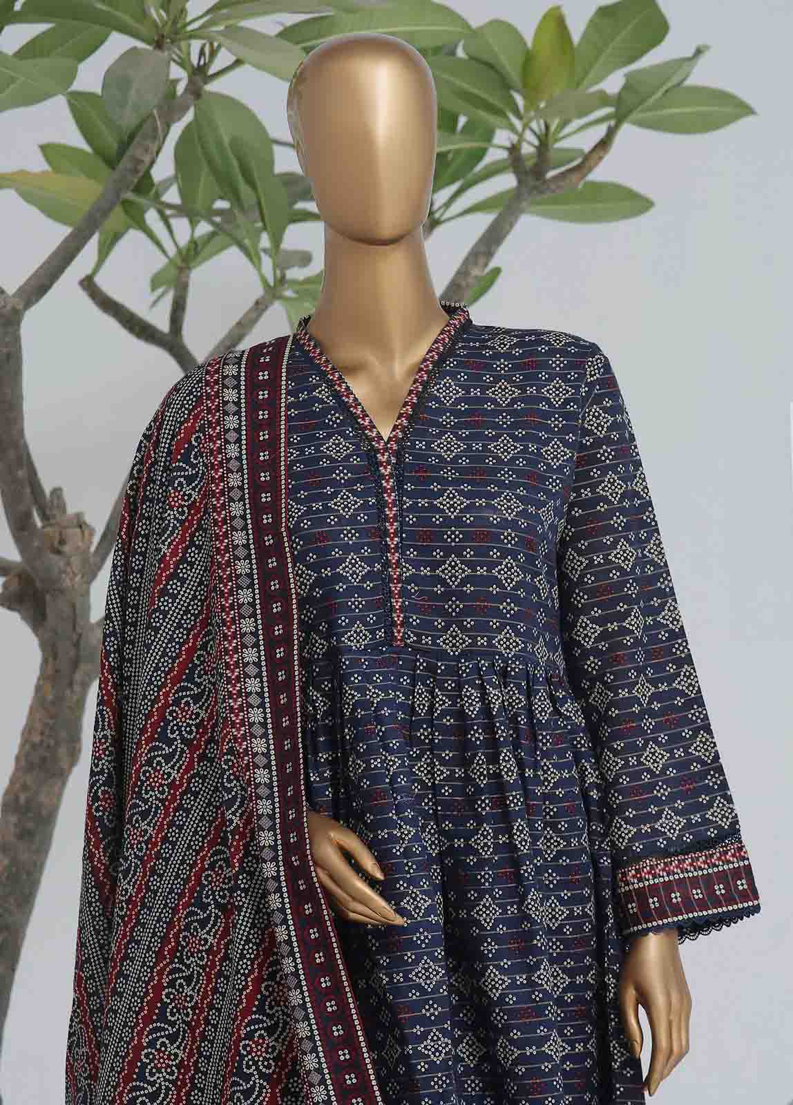 Bin Saeed Fabric - WK-FR-099 A-3 Piece Khaddar Printed Frock Style Suit