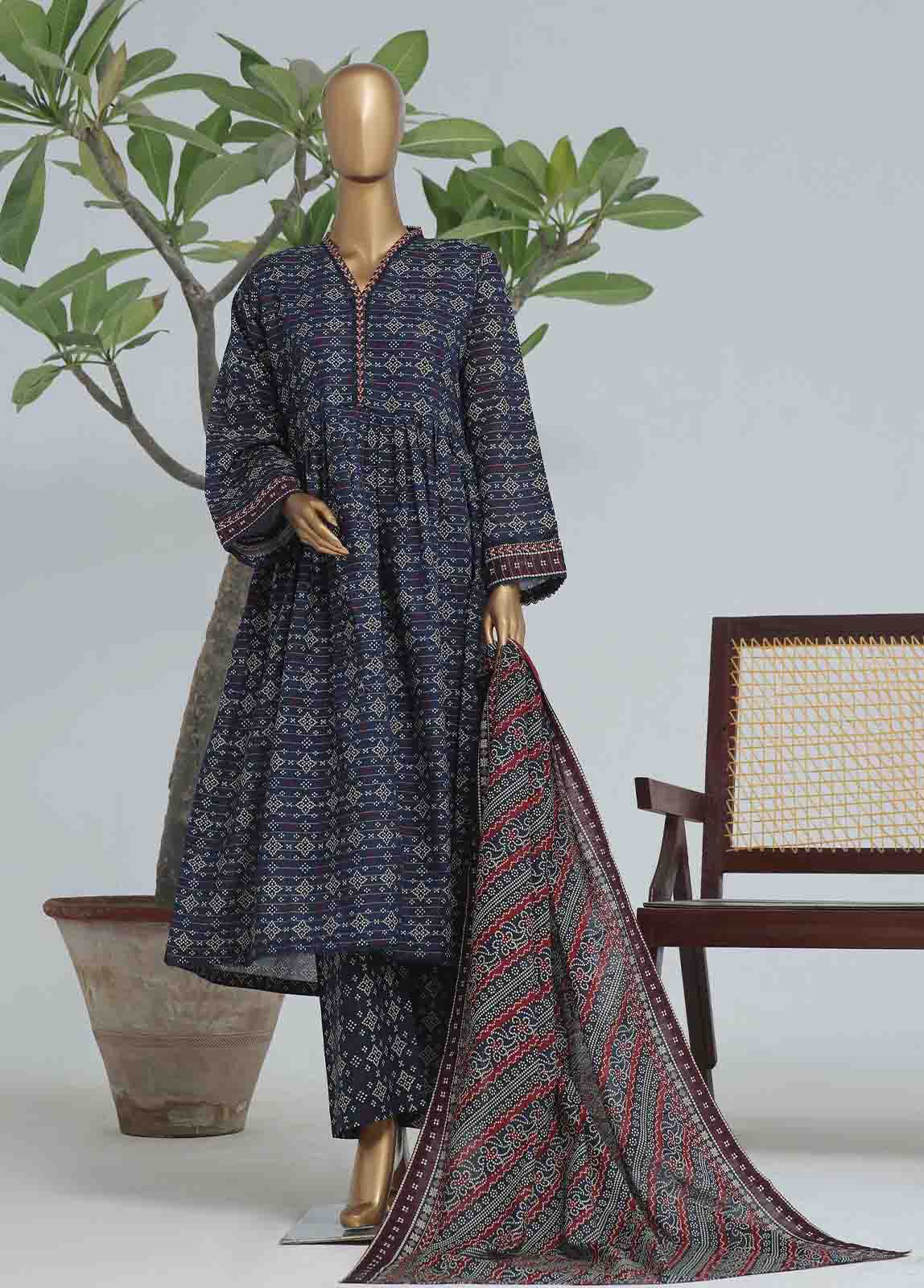 Bin Saeed Fabric - WK-FR-099 A-3 Piece Khaddar Printed Frock Style Suit