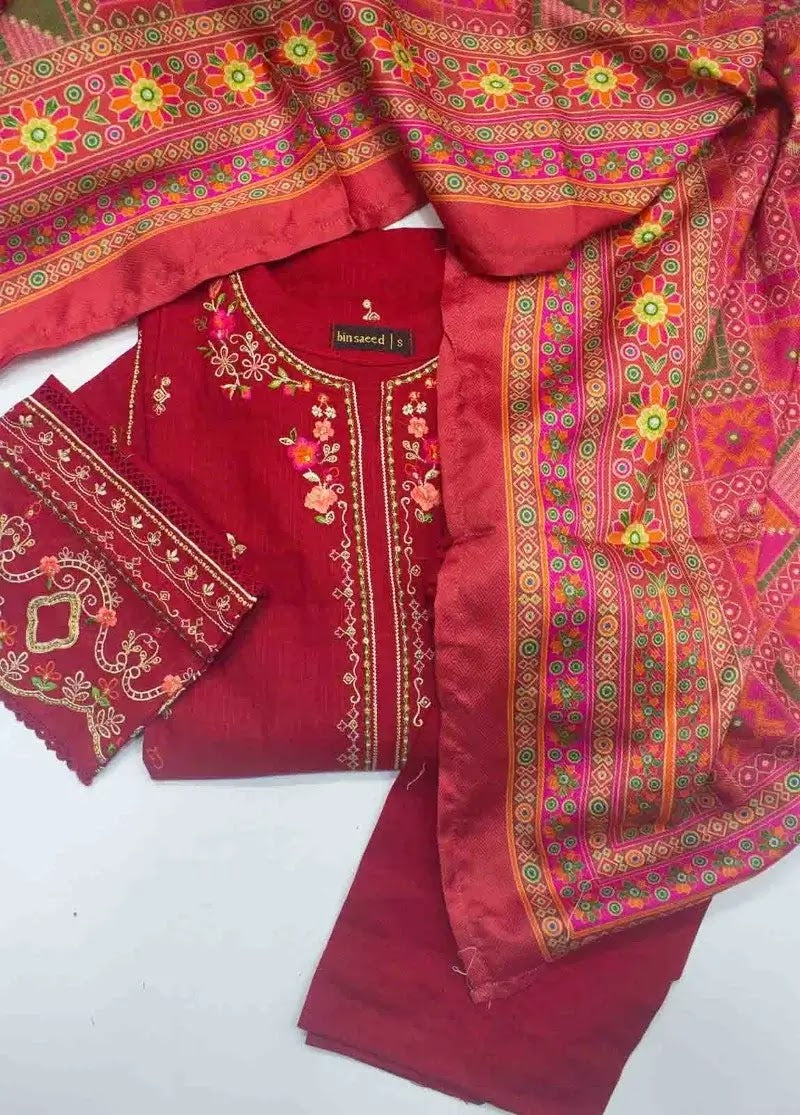 Bin Saeed Fabric - WKE-002- 3 Piece Khaddar Emboidered Stitched Suit