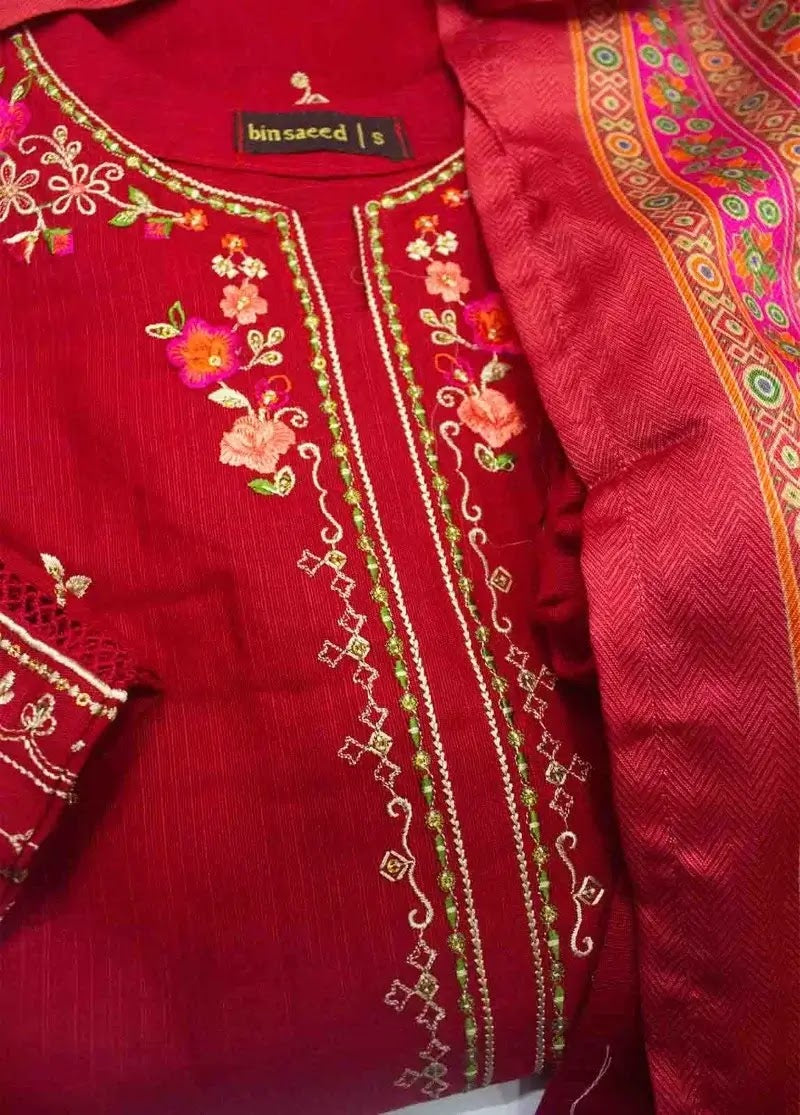 Bin Saeed Fabric - WKE-002- 3 Piece Khaddar Emboidered Stitched Suit