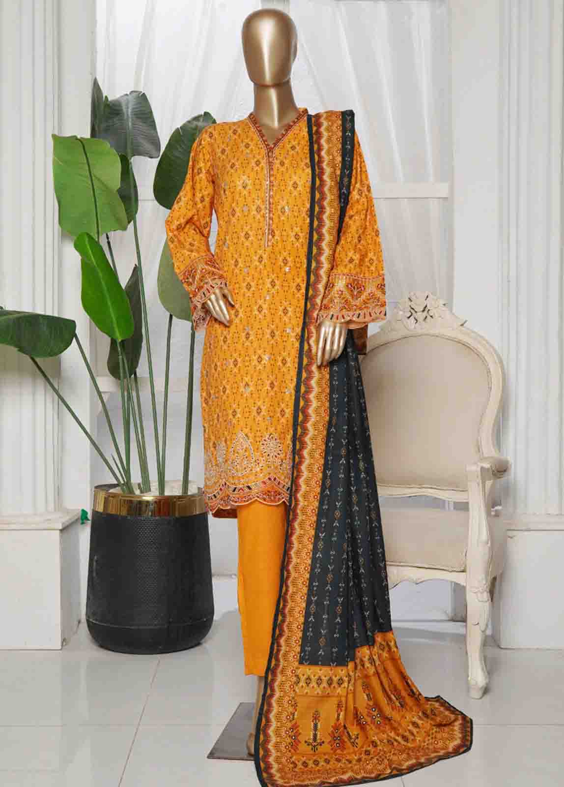 Bin Saeed Fabric - WKE-0054- 3 Piece Khaddar Emboidered Stitched Suit