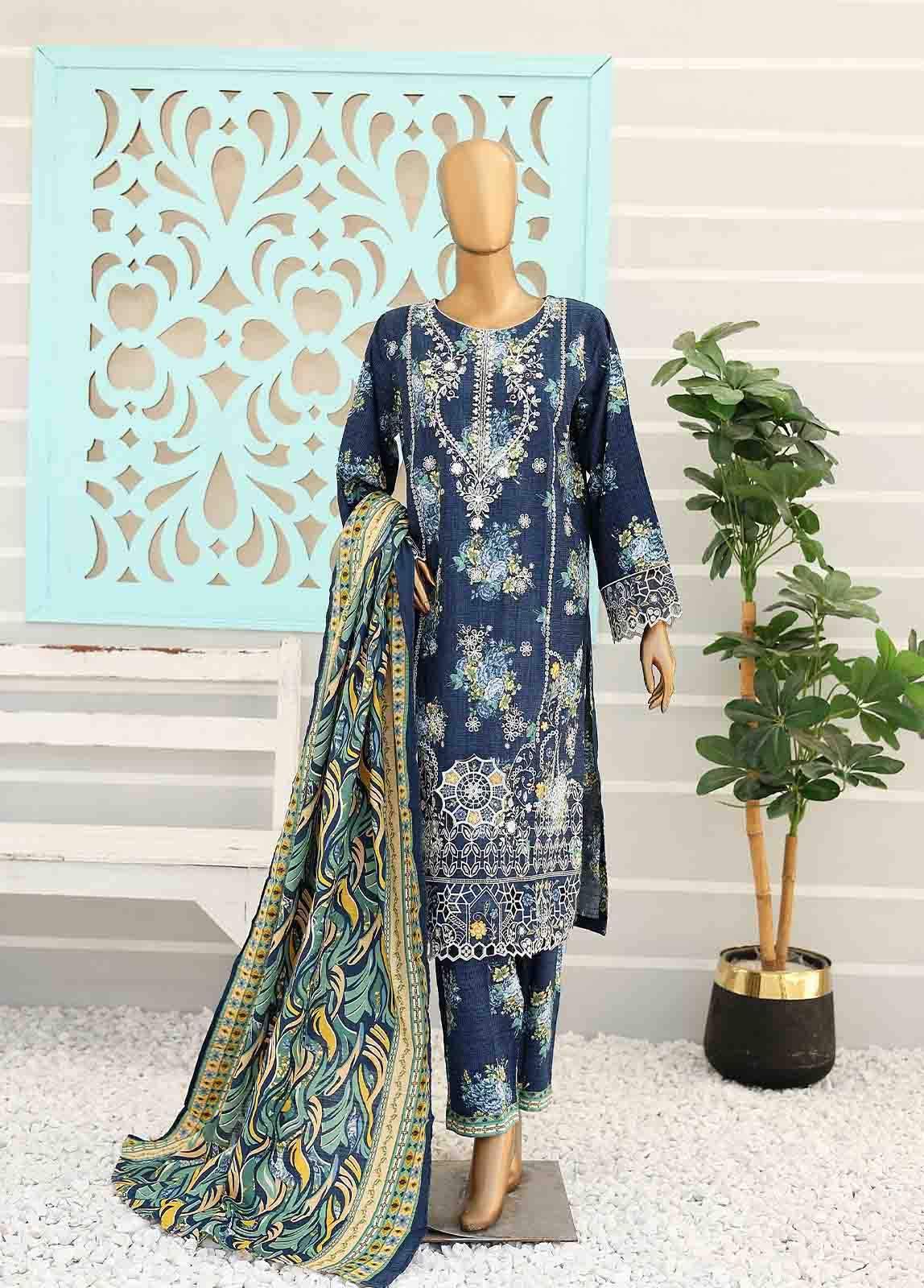 Bin Saeed Fabric - WKE-007 -3 Piece Khaddar Chikankari Stitched Suit